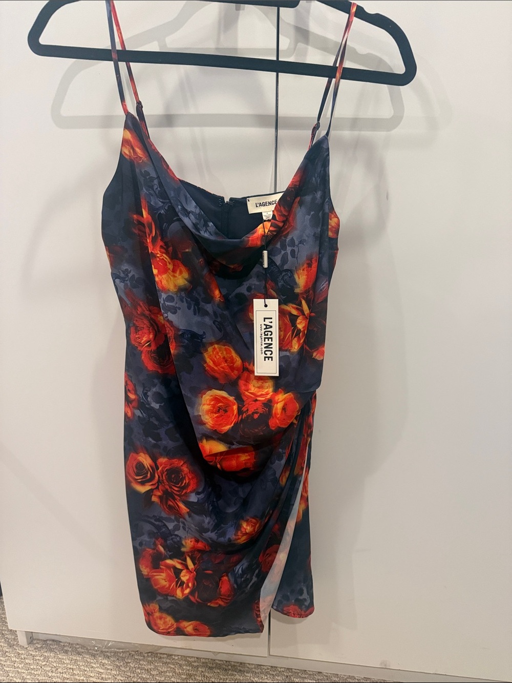 L'AGENCE Navy Slip Midi Dress with Orange Floral Print